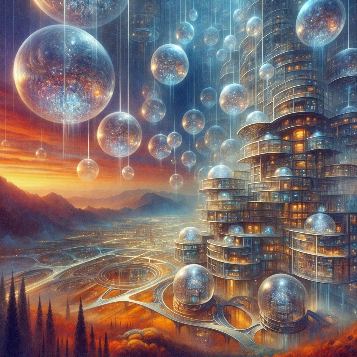 Primary subject: A large, futuristic building with many glass spheres hanging from it.

Setting/background: The building is set against a backdrop of a sunset, creating a warm and atmospheric scene.

Visual style: The image is a digital art piece, featuring a detailed and intricate design.

Colors and mood: The primary colors in the image are orange and blue, with the orange hues from the sunset creating a warm and inviting atmosphere.